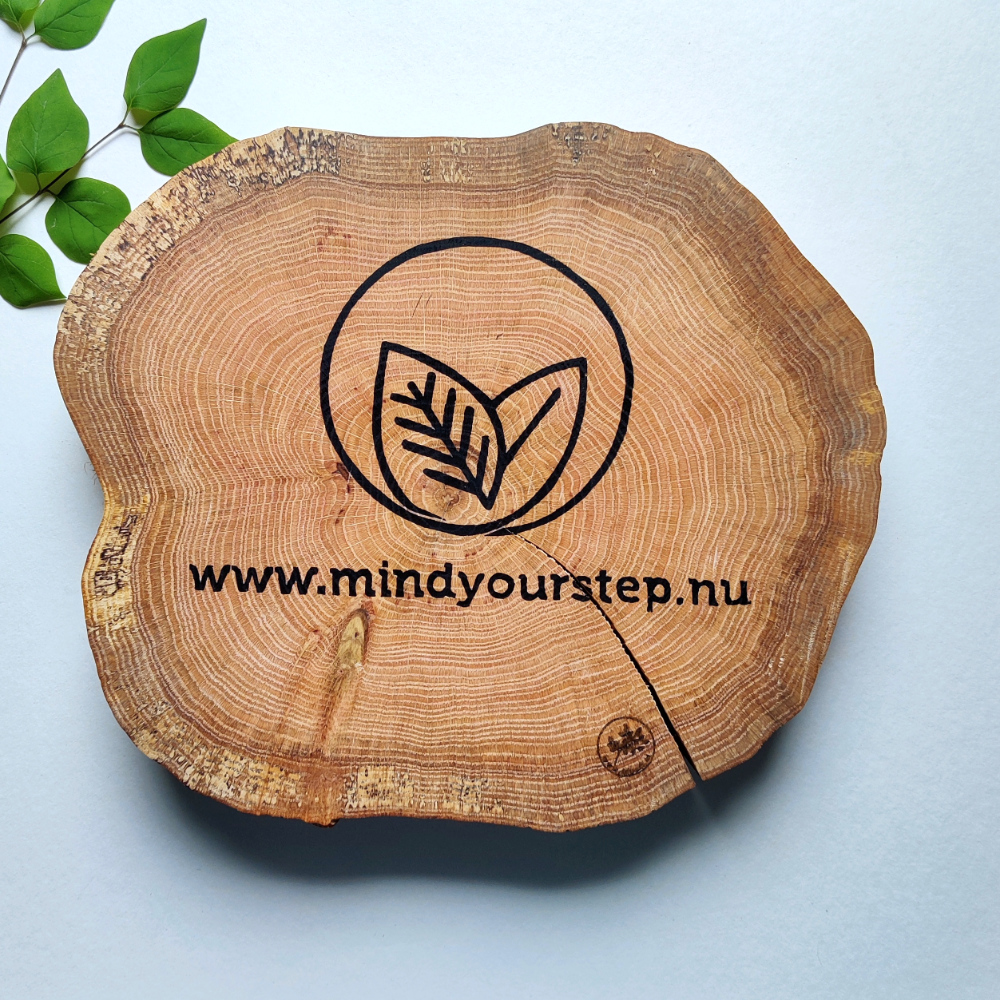Houten schijf met logo Mind your step